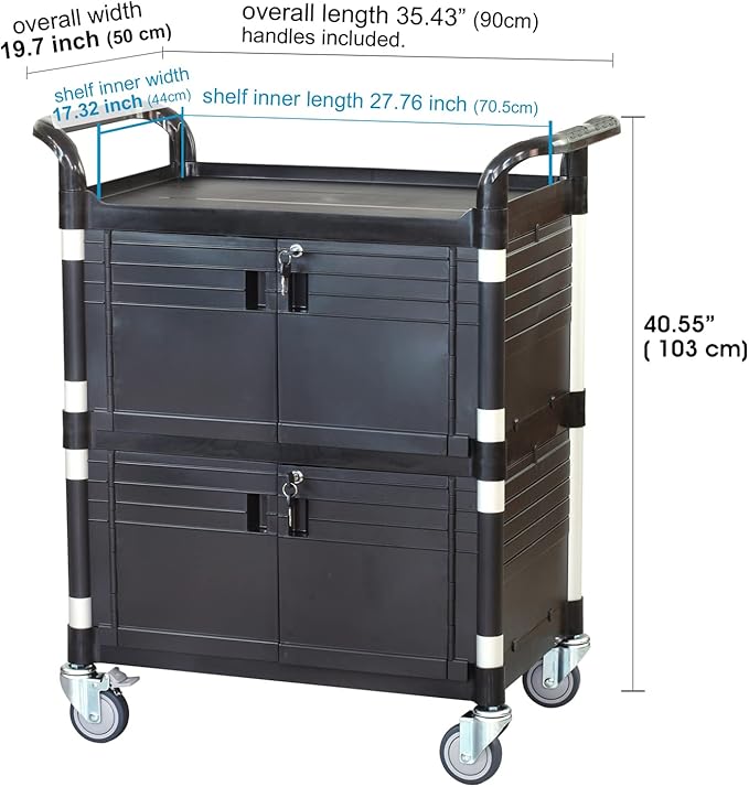 JaboEquip Commercial Heavy Duty Cabinet Rolling Medical Cart, Utility Cart, with 2 Lockable Doors Hospitality School Lab cart Service Cart, JB-3D2, Black Color