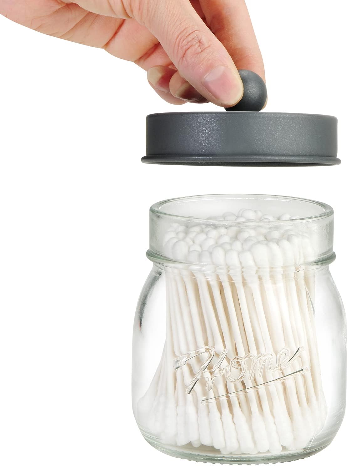 SheeChung 2 Pack Qtip Holder, Bathroom Jars, Cotton Swab Holders, Cute Mason Jars Bathroom Shelf Decor for Cotton Balls, Floss Picks - Vintage Gray