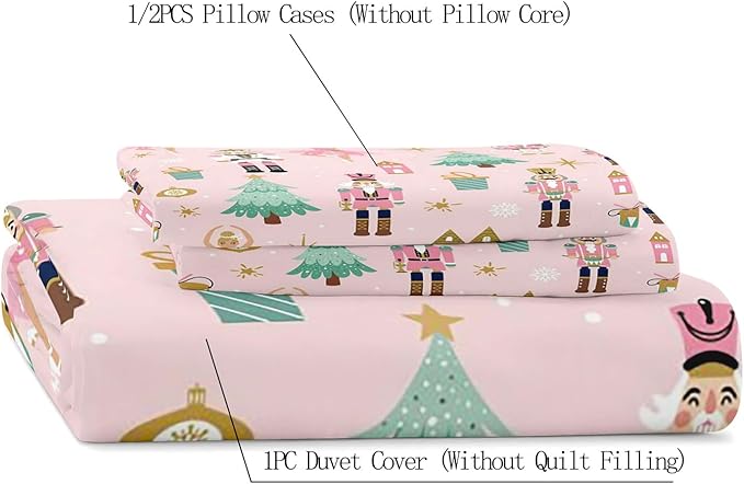 LUVIVIHOME 3PCS Christmas Nutcracker Duvet Cover Queen Bedding Sets, Light Pink Duvet Cover, Teen Girl Bedding, Christmas Tree Snowflake Winter Holiday Xmas Gifts Kids Comforter Cover, 2 Pillow Shams