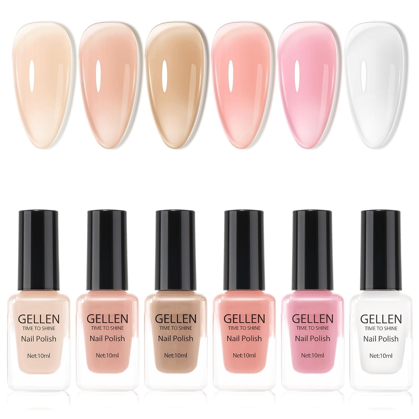 GELLEN Sheer Nude Jelly Nail Polish Not UV Gel, Neutual Regular Nail Polish, Translucent Nude Pink Milky White 6 Colors Set for Acrylic Natural Nails Home Salon, Quick Air Dry, Hema Free, Non-toxic
