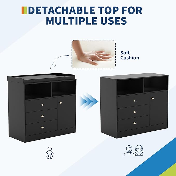 Baby Changing Table Dresser, Wooden Diaper Changing Station with 2 Open Shelves, 3 Drawers, and 1 Cabinet, Modern Baby Dressers for Nursery, Bedroom, Kids Room, Black