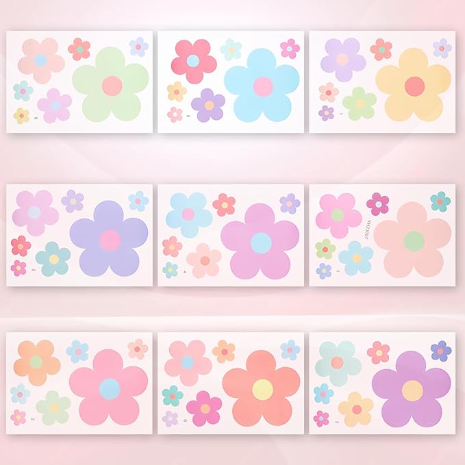 9 Sheets Colorful Flowers Wall Decals, Cute Daisy Self-Adhesive Wall Stickers, Removable Floral Wall Decor, Vinyl Peel and Stick Flower Sticker for Girls Teen Nursery Bedroom Dorm Kindergarten