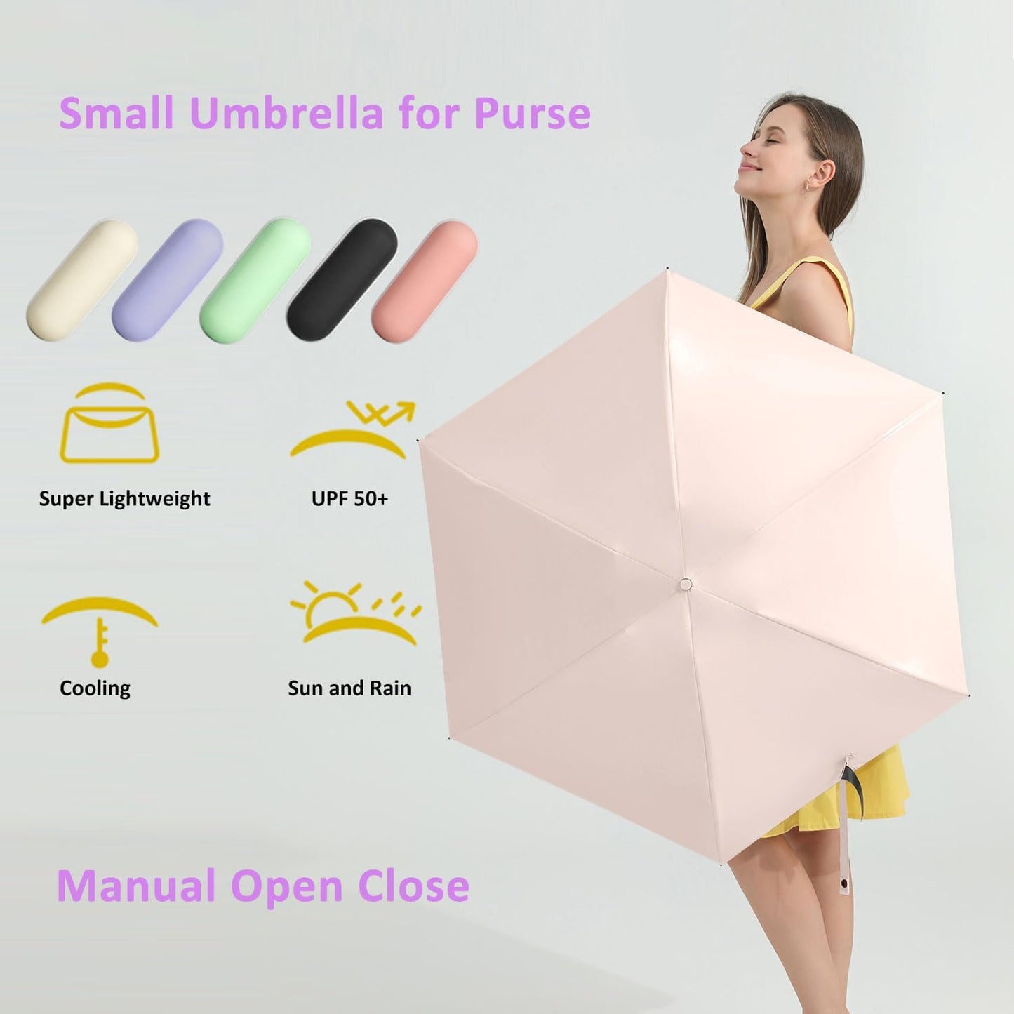 BAODINI Travel Essentials Mini Umbrella for Purse With Case Small Compact UV Sun Protection Lightweight Tiny Pocket Manual Open Close Umbrella for Women Kids and Men Fit Purse Backpack