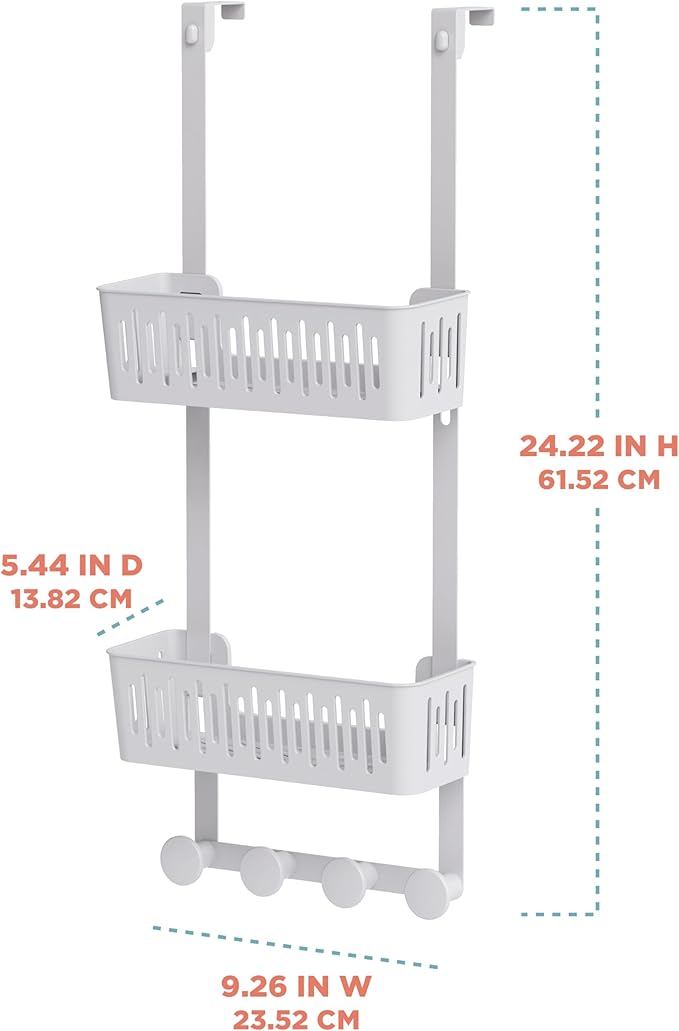 Zenna Home SnugFit Over the Door Caddy Organizer with 2 Storage Baskets and 4 Hooks, Over Door Hanging Organizer for Bathroom, Kitchen, Bedroom, Closet, Easy to Install, No Drilling, White