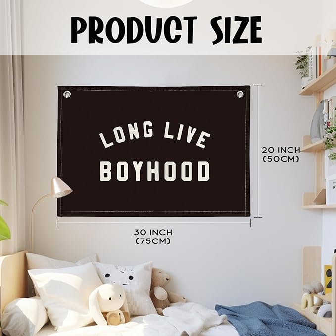 "Long Live Boyhood" Wall Banner 20x30 Inch - Boys Room Decor, Linen Canvas Wall Hanging for Toddler Playroom, Rustic Nursery Sign, Adventure Theme Kids Bedroom Banner - Black