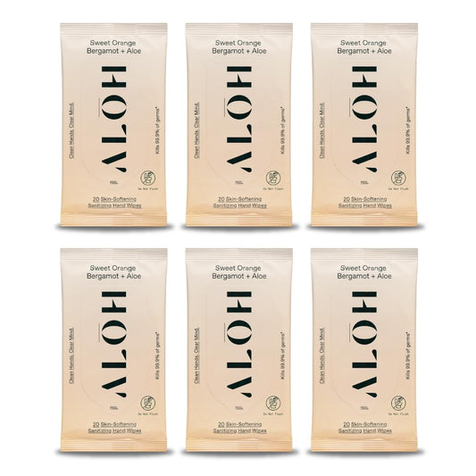 ALŌH Sweet Orange Bergamot + Aloe Sanitizing Hand Wipes - Clean Hands, Clear Mind - On The Go Hand Sanitizer Wipes for Kids and Adults - Travel Size 6 Packs 20ct Wipes (120 wipes)