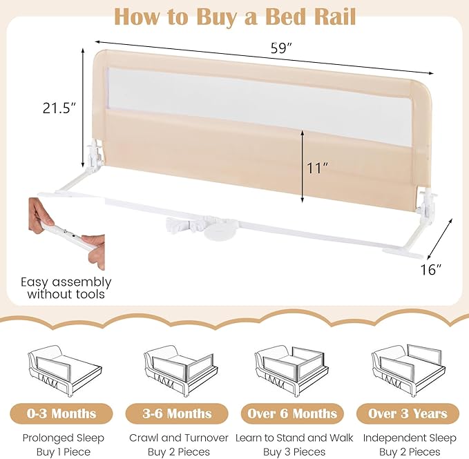 HONEY JOY Bed Rail for Toddlers, 59-in Extra Long, Portable Safety Bed Guardrail w/Double Safety Child Lock, Foldable Baby Bed Rail Guard, Fit King & Queen Full Twin Size Bed Mattress (1 Pack, Beige)