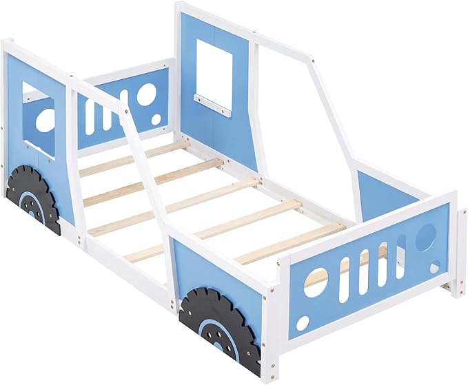 Merax Twin Size Classic Car-Shaped Platform Bed with Wheels, Wood Car Bed Frame for Boys, Blue
