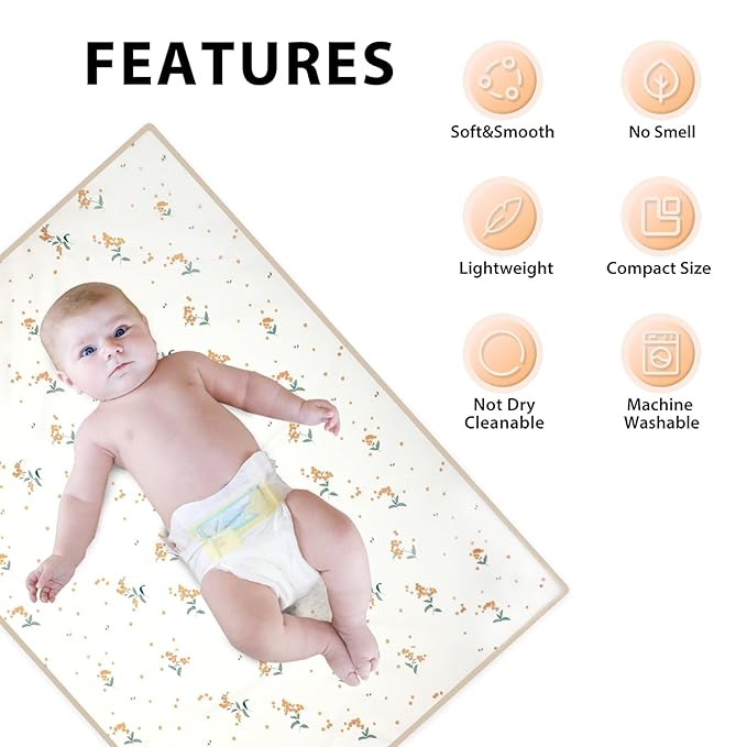 Vegan Leather Baby Changing Mat - Wipeable Portable Changing Pad, Foldable Travel Changing Mat for Baby, Newborns Toddlers Shower Gifts (Orange Floral,20"*28")