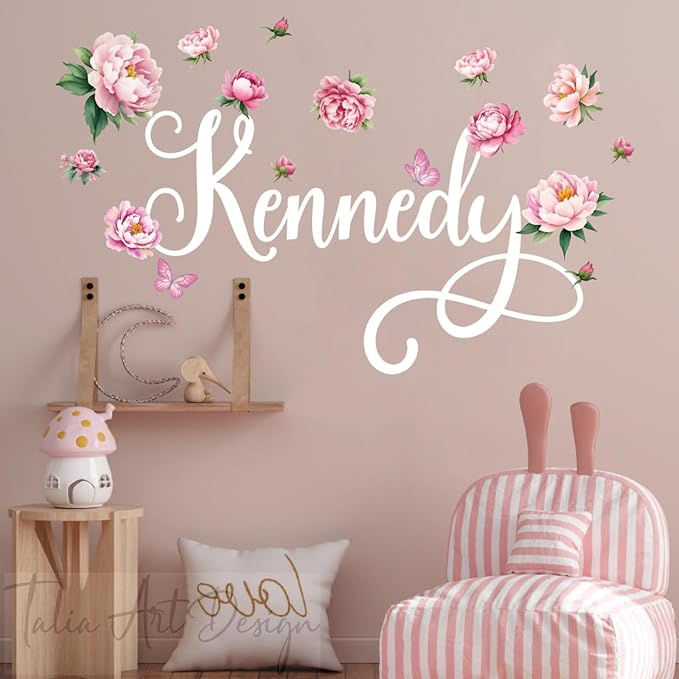 Custom Peony Flower and Butterfly Wall Decal – Personalized Name Sticker for Girl’s Room, Nursery Decor, Floral Bedroom Wall Art