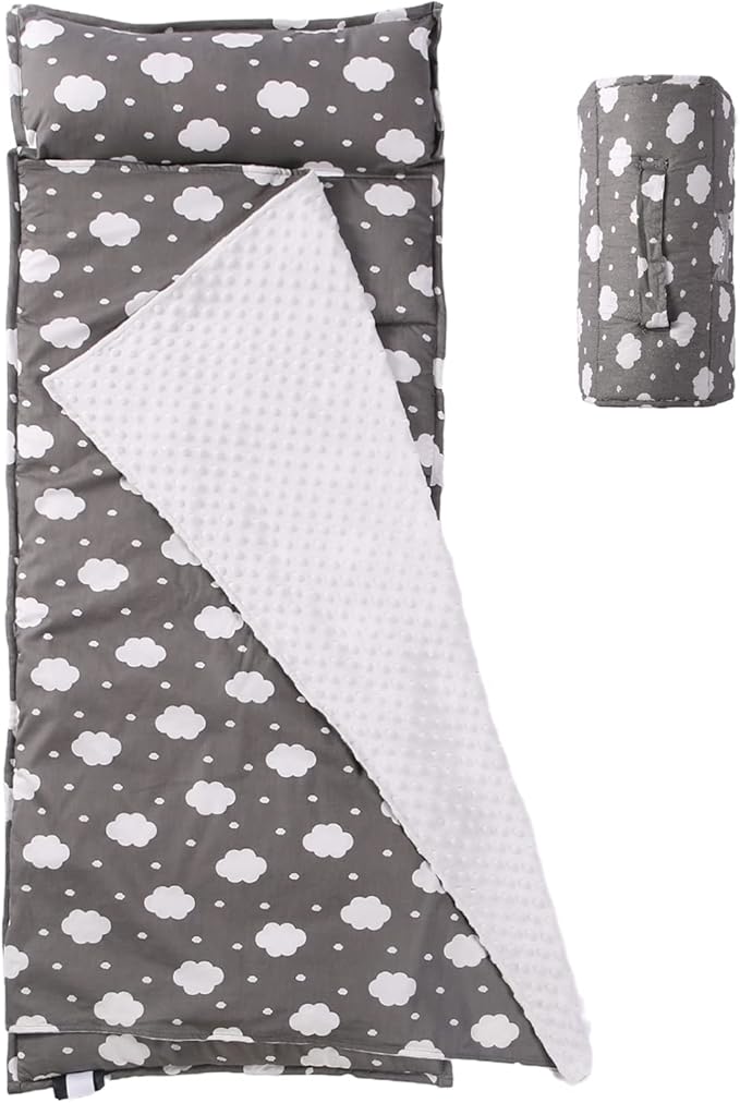 Toddler Nap Mat with Pillow and Minky Blanket,Soft Rolled Napping Mats for Boys and Girls,Lightweight Daycare,Preschool,Travel Toddler Sleeping Slumber Bags-50×20”(Cloud)