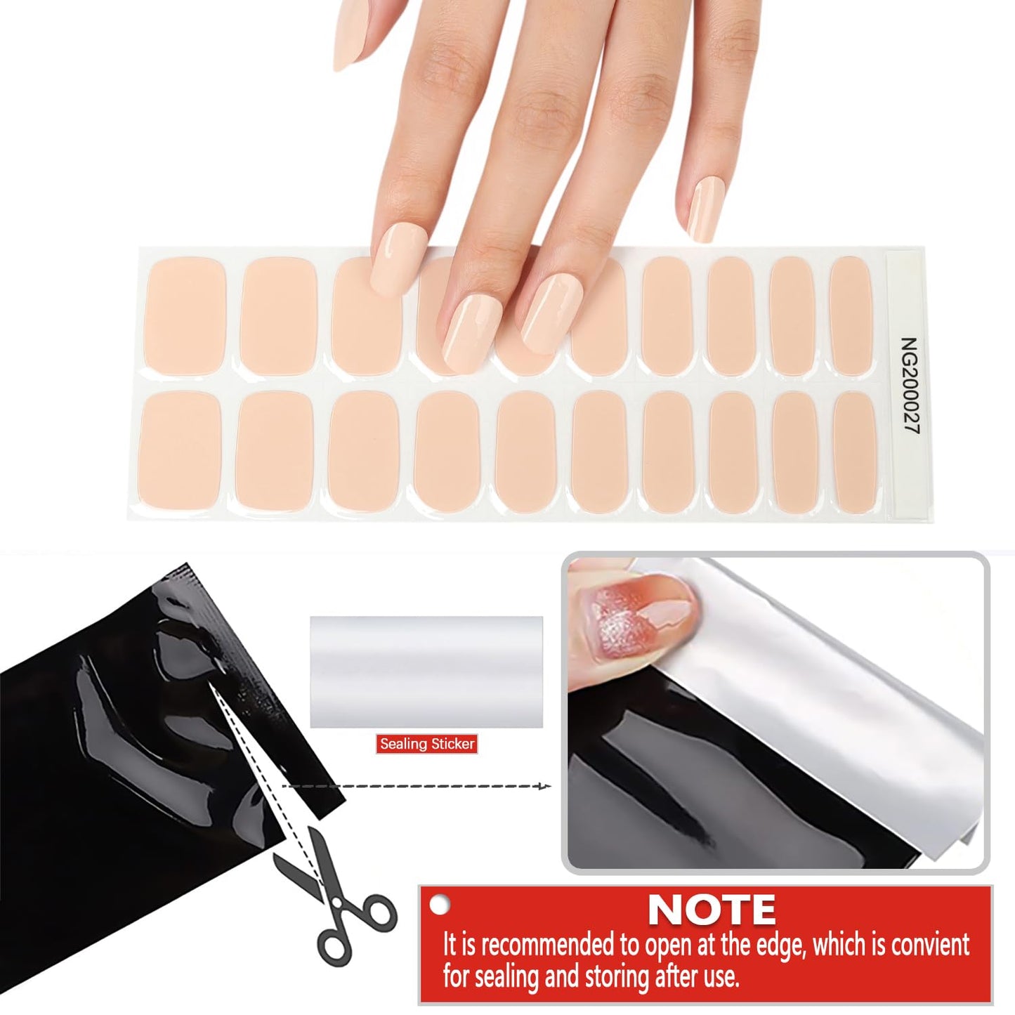 WOKOTO 20 Pcs Bisque Semi Cured Gel Nail Polish Strips With Nail File & Wooden Stick Holographic Gel Nail Strips UV Gel Nail Stickers Full Nail Wraps Stick On Nail Polish Stickers For Women