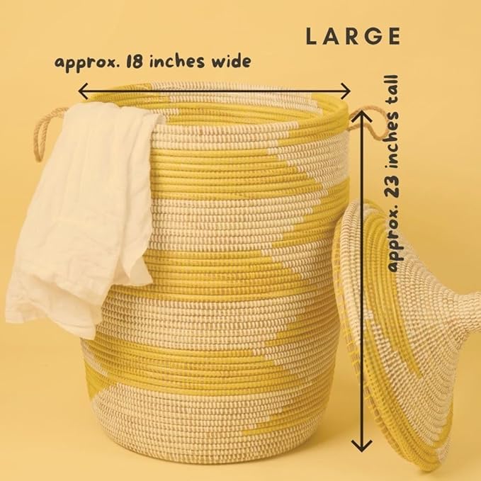 Tall Large Decorative Wicker Storage Basket with Lid, Laundry Hamper, Blanket Storage, Toys Bin, Clothes Holder, Boho Style (Yellow White)