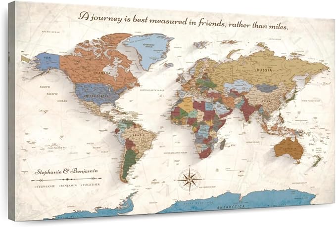 ElephantStock - Personalized Journey V Push Pin World Map Wall Art - Horizontal Canvas Wall Art - Living Room Wall Decor - Digital Art Map Canvas Art - Beige And Orange Decor - 51" x 34"