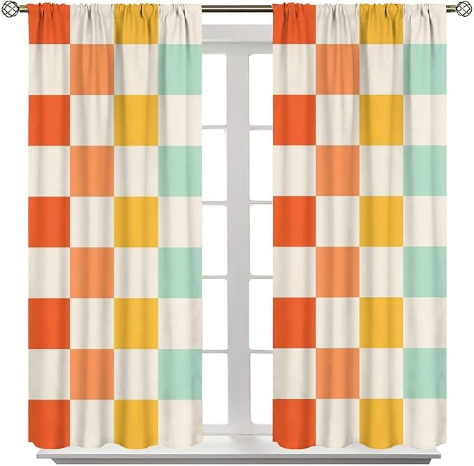 70s Retro Curtains,Cute Green Pink Yellow Checkered Hippie Window Treatments for Kids Girl Bedroom Window 63"" W X 63"" L, Style-7