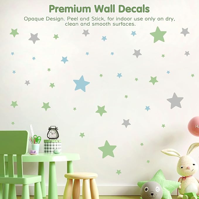 Stars Wall Decals Peel and Stick, Green Blue Grey Stars Wall Stickers for Adults Bedroom, Vinyl Stars Wall Decals for Living Room