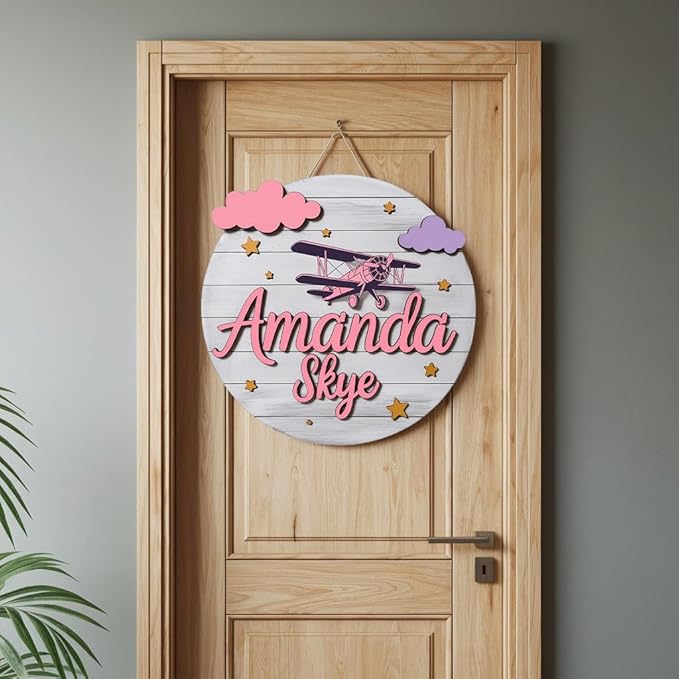 Personalized Wooden Name Signs for Nursery, Pink Plane Sign for Baby Door Decor, Newborn Gifts for Girl, Girls Nursery Wall Bedroom Decorations, Mother's Day Gifts for New Mom Dad Gift