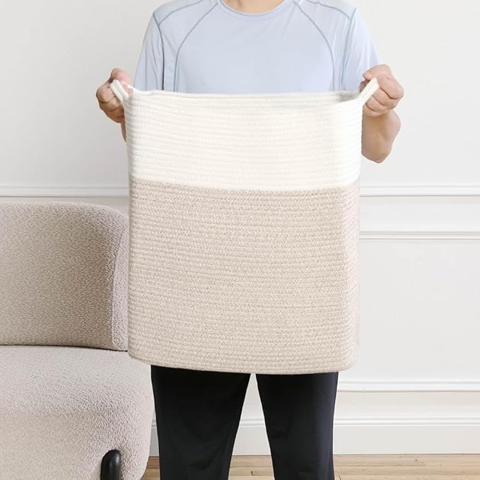 Tall Laundry Basket With Handles,Woven Cotton Rope Big Laundry Hamper Sorters,Versatile Storage for Dirty Clothes,Baby Toys,and Blankets in Bathroom, Nursery,and Living Room (White Brown, 68L)