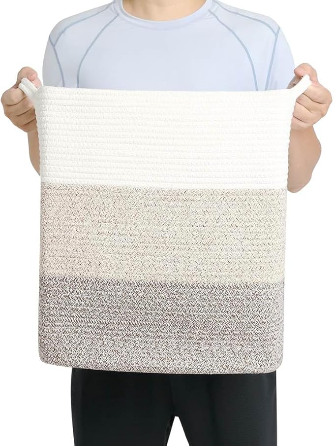 Tall Laundry Basket With Handles,Woven Cotton Rope Big Laundry Hamper Sorters,Versatile Storage for Dirty Clothes,Baby Toys,and Blankets in Bathroom, Nursery,and Living Room (Gradient Brown, 80L)