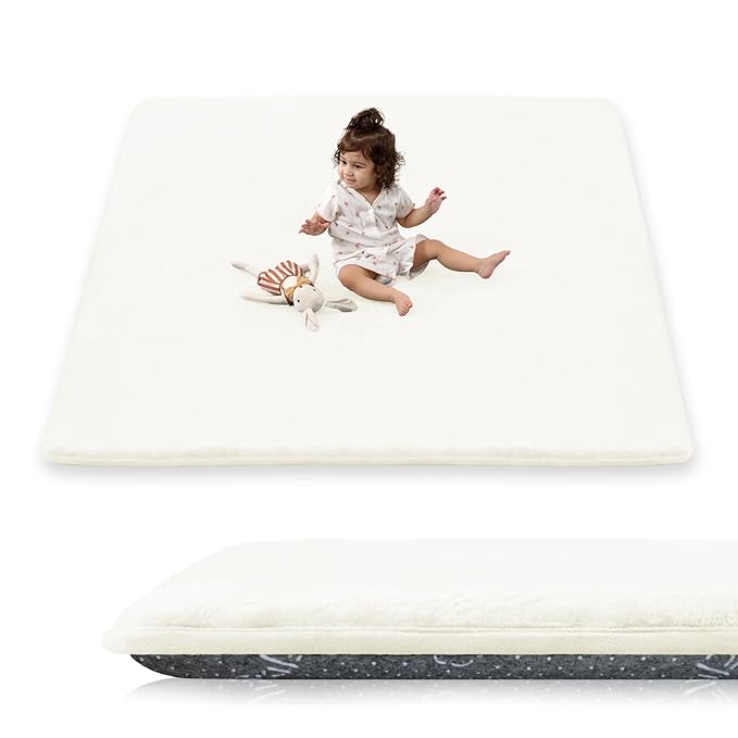 1.5" Thick Baby Play Mat for Floor, 50x50 Playpen Mat, Pro Soft Flannel Foam Mats Toddler Infant Kids Crawling for Nursery Rug Playroom Living Room Waterproof Easy Care Non-Slip (Cream)