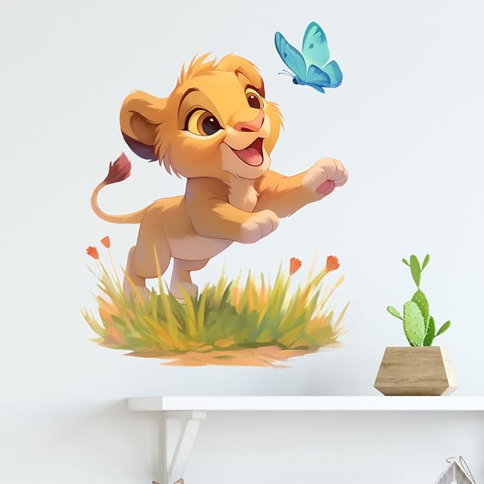 Baby Lion and Butterfly Wall Decals Removable Cartoon Animal Vinyl Stickers for Nursery Kids Bedroom and Playroom Decor Peel and Stick Wall Art
