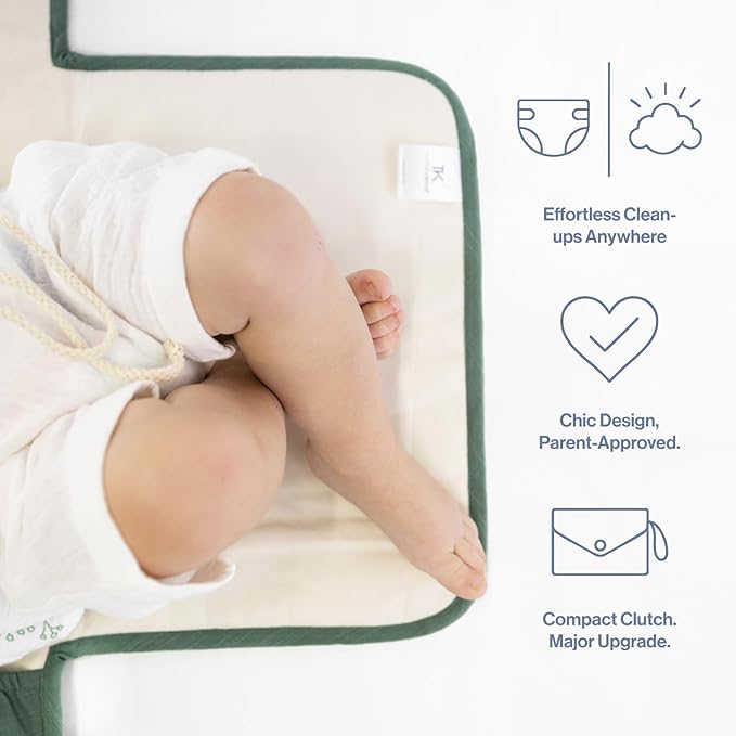 Toddlekind Mini Maven Portable Changing Pad – Organic Cotton & Water-Resistant Polyester – Travel-Friendly, Foldable Change Mat – Forest Green Stripes with Wave Stitching – Chic, Durable, Easy Clean