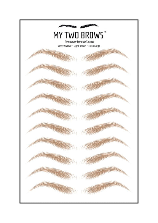 (10 pairs) Light Brown Temporary Eyebrow Tattoo - Extra Large Size - Waterproof & Smudgeproof - Sassy Swerve Style Eyebrow Stickers - Sheet Lasts up to 30 Days - Won't Work on Existing Brows