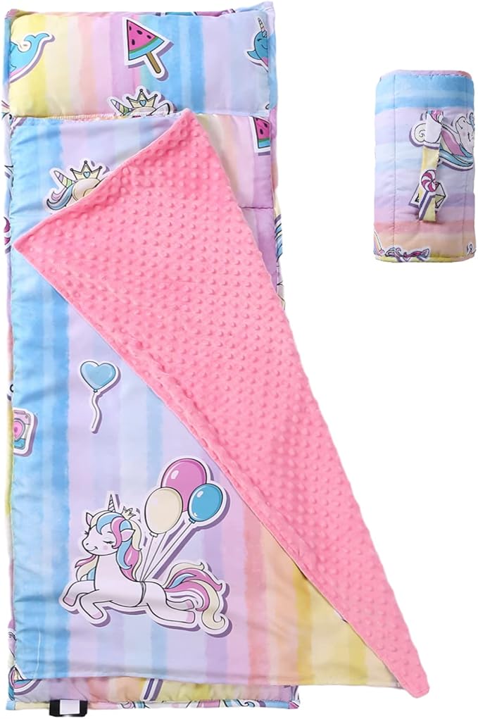 Toddler Nap Mat with Removable Pillow and Minky Blanket,Soft Rolled Napping Mats for Boys and Girls,Lightweight Daycare,Preschool,Travel Toddler Sleeping Slumber Bags-50×20”(Unicorn)