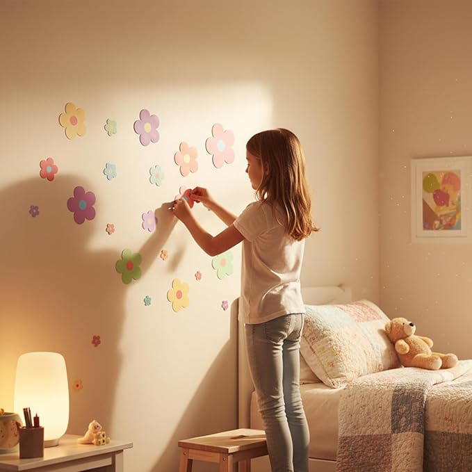 9 Sheets Colorful Flowers Wall Decals, Cute Daisy Self-Adhesive Wall Stickers, Removable Floral Wall Decor, Vinyl Peel and Stick Flower Sticker for Girls Teen Nursery Bedroom Dorm Kindergarten