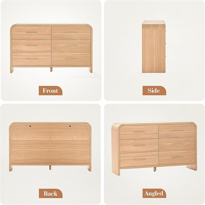 Curved 6-Drawer Dresser for Bedroom, 54" Wide Modern Chest of Drawers, Vanity Desk TV Stand for Living Room, Closet Storage Drawers Organizer Furniture, Nursery, Hallway, Oak
