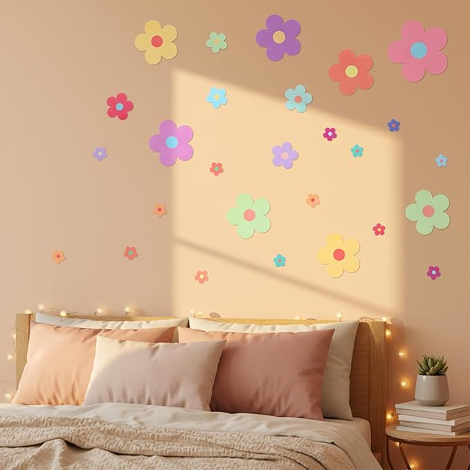 9 Sheets Colorful Flowers Wall Decals, Cute Daisy Self-Adhesive Wall Stickers, Removable Floral Wall Decor, Vinyl Peel and Stick Flower Sticker for Girls Teen Nursery Bedroom Dorm Kindergarten