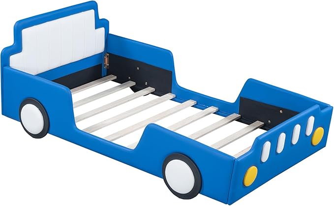 Merax Twin Race Car Platform Bed with Wheels,PU Leather Car Bed Frame for Boys Twin Size,Kids Bed Frame with Headboard,Fits Standard Twin Mattress(No Mattress)