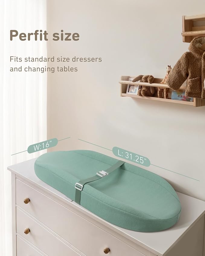 Blissful Diary Baby Changing Pad with Waterproof Lining Foam, Includes a Soft & Washable Cover, Contoured Changing Table Pads for Dresser Top with Non-Slip Bottom, 32”×16” (Green, Avocado)