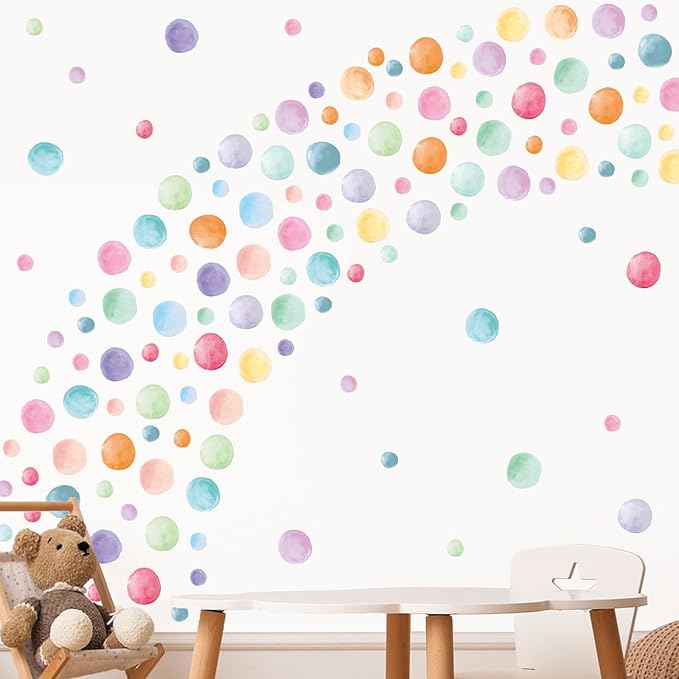 201 Pcs Watercolor Polka Dots Wall Decals, Peel and Stick Boho Rainbow Wall Stickers, Multicolor Circle Wall Decor,Pastel Colorful Round Decoration for Girls Bedroom Kids Nursery Classroom Playroom