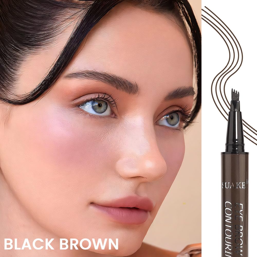 Eyebrow Ink Pencil by Brow Stylist -Micro 4 Point Brow Pen Lift & Snatch Eyebrow Pen Kits with 3 Eyebrow Stencil Long-Lasting Waterproof Natural Eyebrow Hair (B-2Pc 03# Black brown)