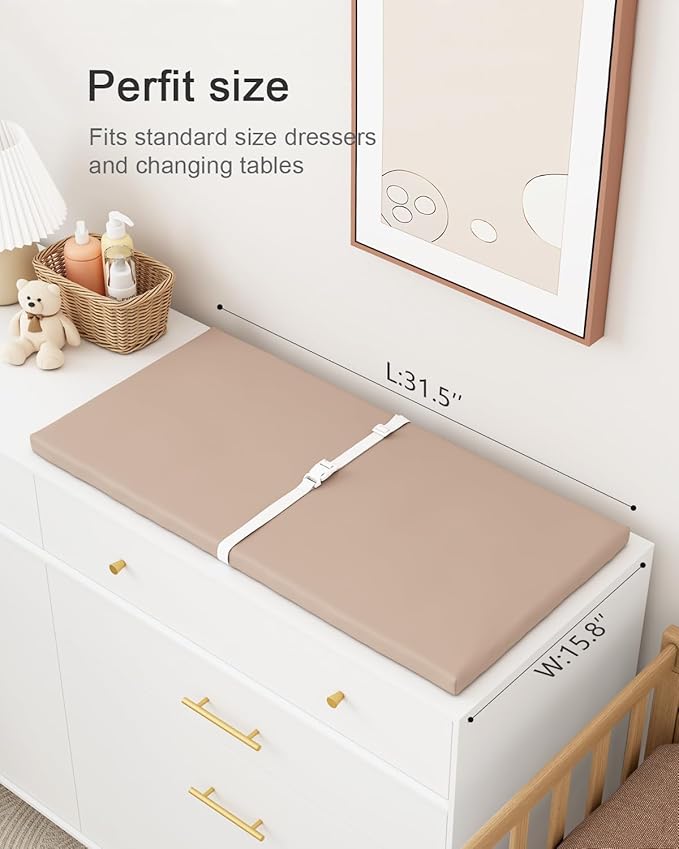 YACODAVO Wipeable Baby Changing Pad for Dresser and Table, Cozy Diaper Changing Pad with Waterproof & Wipe-Clean Leather Cover, Standard Size (31.5" L x 15.8" W), Light Brown