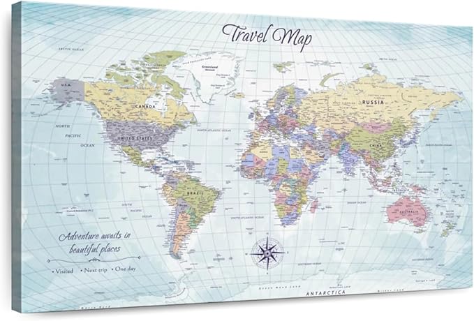 ElephantStock - Push Pin Travel Map World I Wall Art - Horizontal Canvas Wall Art - Living Room Wall Decor - Printmaking Map Canvas Art - Blue And Beige Decor - 45" x 30"