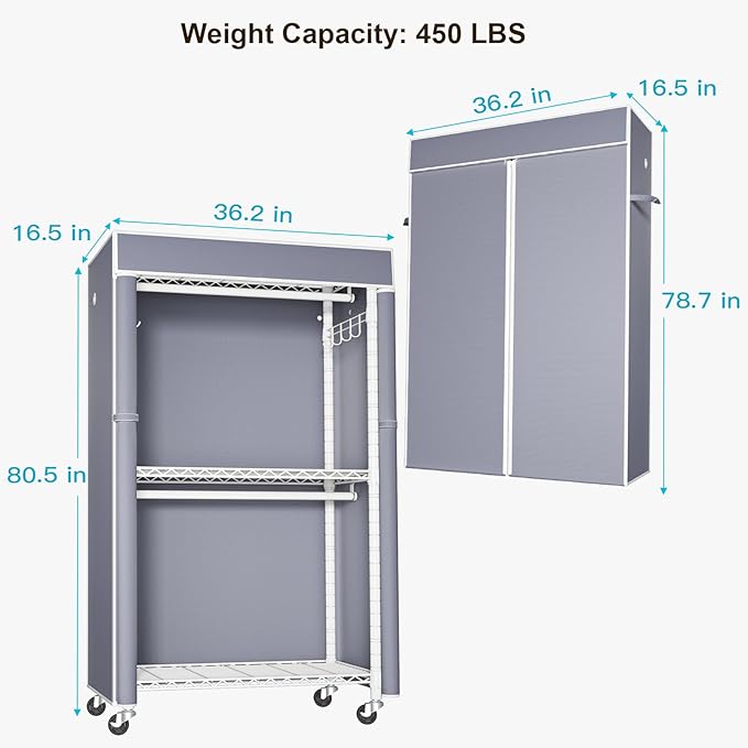 FUTASSI White Clothing Rack with Grey Cover, P1C Rolling Closet Rack with Wheels, Metal Garment Rack for Hanging Clothes, Clothing Storage Wardrobe, 36.2" W x 16.5" D x 80.5" H, Load 450 Pounds
