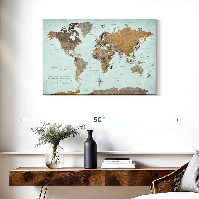 ElephantStock - A Thousand Miles World Push Pin Map Wall Art - Horizontal Canvas Wall Art - Living Room Wall Decor - Printmaking Map Canvas Art - Blue And Brown Decor - 36" x 24"