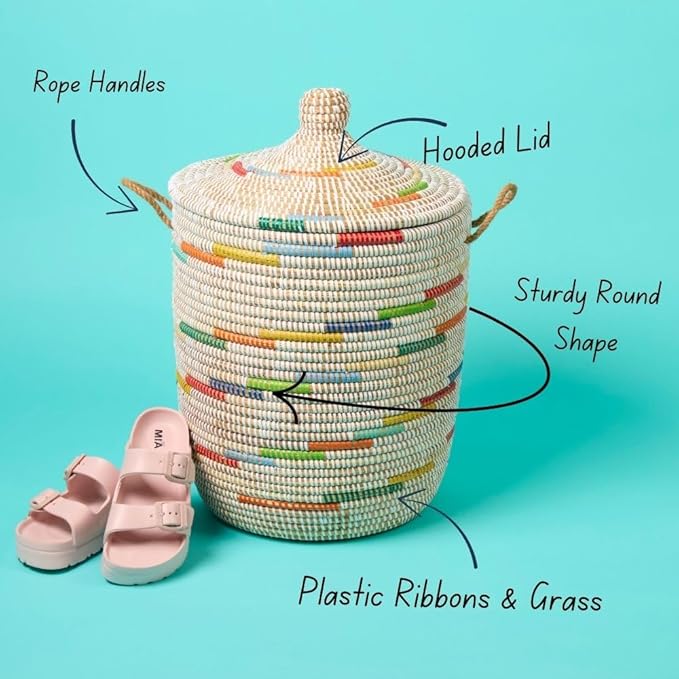 Tall Large Decorative Wicker Storage Basket with Lid, Laundry Hamper, Blanket Storage, Toys Bin, Clothes Holder, Boho Style (Colors White)