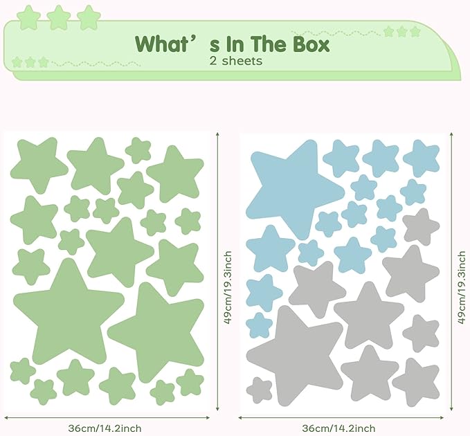 Stars Wall Decals Peel and Stick, Green Blue Grey Stars Wall Stickers for Adults Bedroom, Vinyl Stars Wall Decals for Living Room