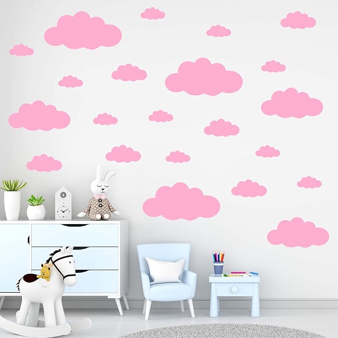 31PC Pink Cloud Wall Decals, Removable DIY Large Vinyl Sticker Self Adhesive Wallpaper for Living Room Nursery Children Baby Kids Boys Girls Bedroom Decor Home Art Mural Dec