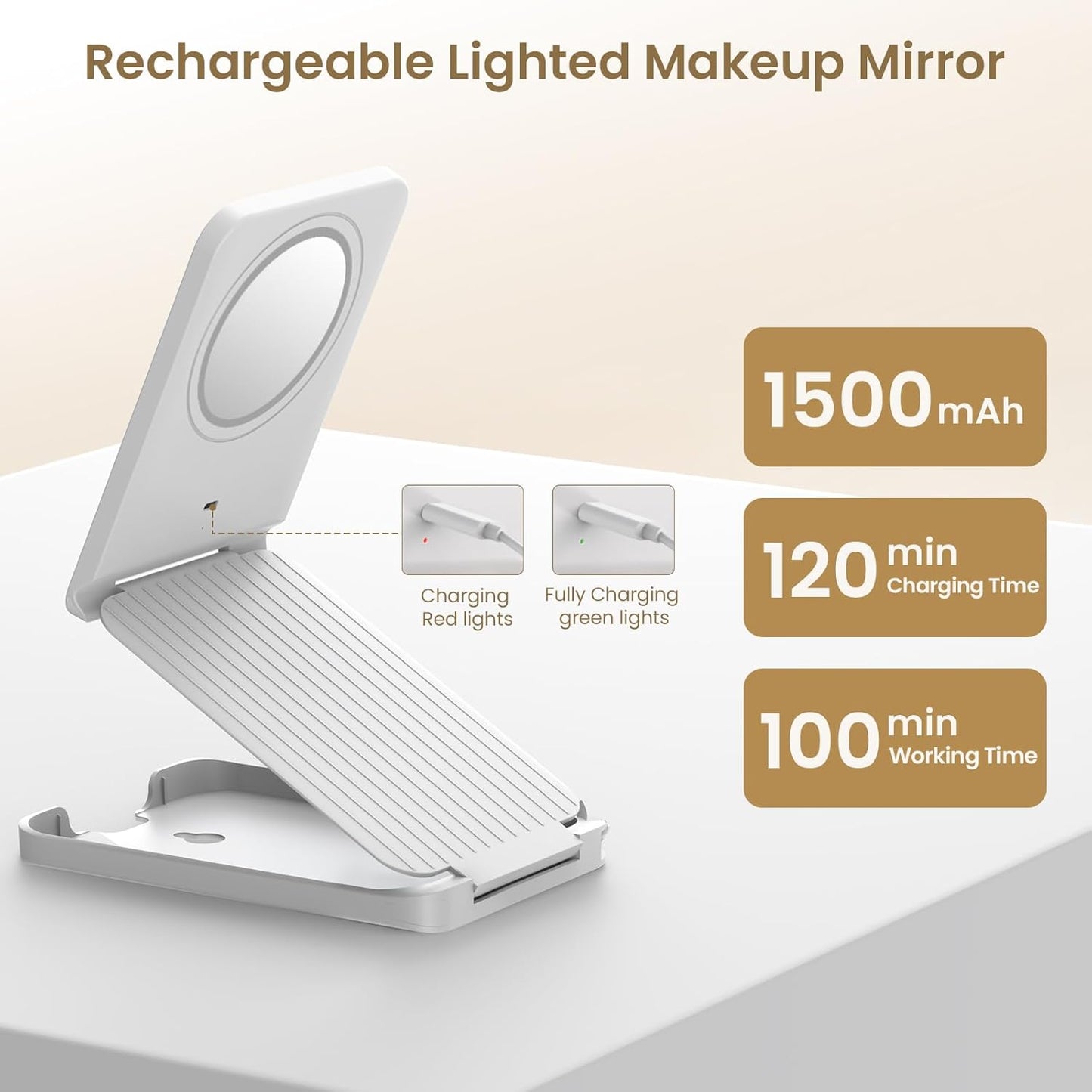 Travel Makeup Mirror with Lights, Foldable 1X Vanity Lighted Mirror with 10X Magnification, Rechargeable 1500mAh, Dimmable Touch Screen, Freely Adjust Height and Angle