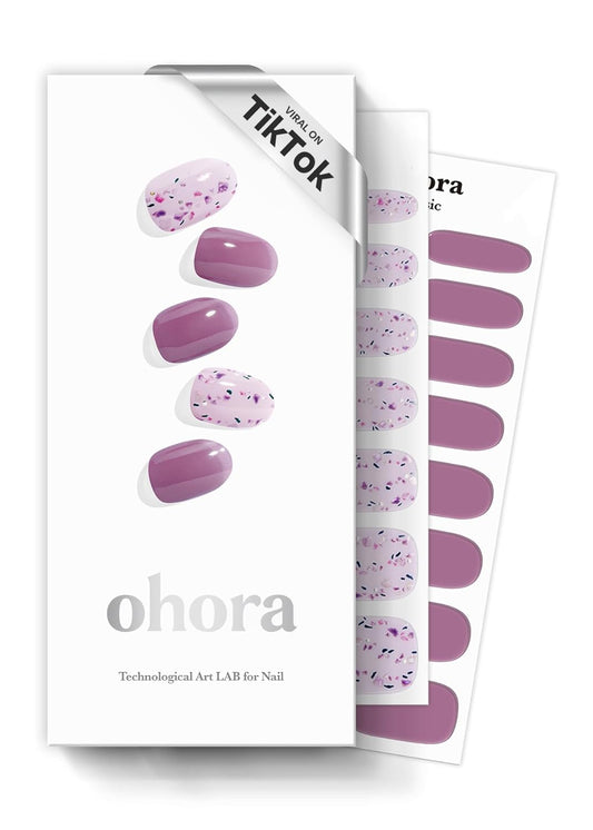 ohora Semi Cured Gel Nail Strips (N Violeta) - Purple, Patterned, Works with Any UV/LED Lamps, Salon-Quality, Long Lasting, Easy to Apply & Remove - Includes 2 Prep Pads, Nail File & Wooden Stick