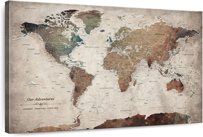 ElephantStock - Our Adventures World Map With Push Pin Iii Wall Art - Horizontal Canvas Wall Art - Living Room Wall Decor - Printmaking Map Canvas Art - Beige And Brown Decor - 36" x 24"