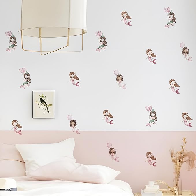 YouRfocus Mermaid Wall Decals | 24 PCS Boho Mermaid Stickers for Girls' Rooms, Playrooms, and Nurseries | Dual Layer Print for High Coverage | Removable Peel and Stick Wall Decor (Pink) | 6 Sheets