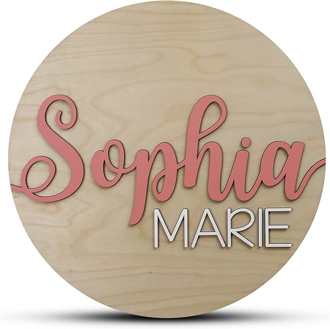 Custom Round Nursery Name Sign, Personalized Wooden Wall Plaque, 12" 18" 24", 30" 3D Wall Art for Children & Kids Rooms, Baby Shower, Hickory Hollow Designs (Sophia Marie)