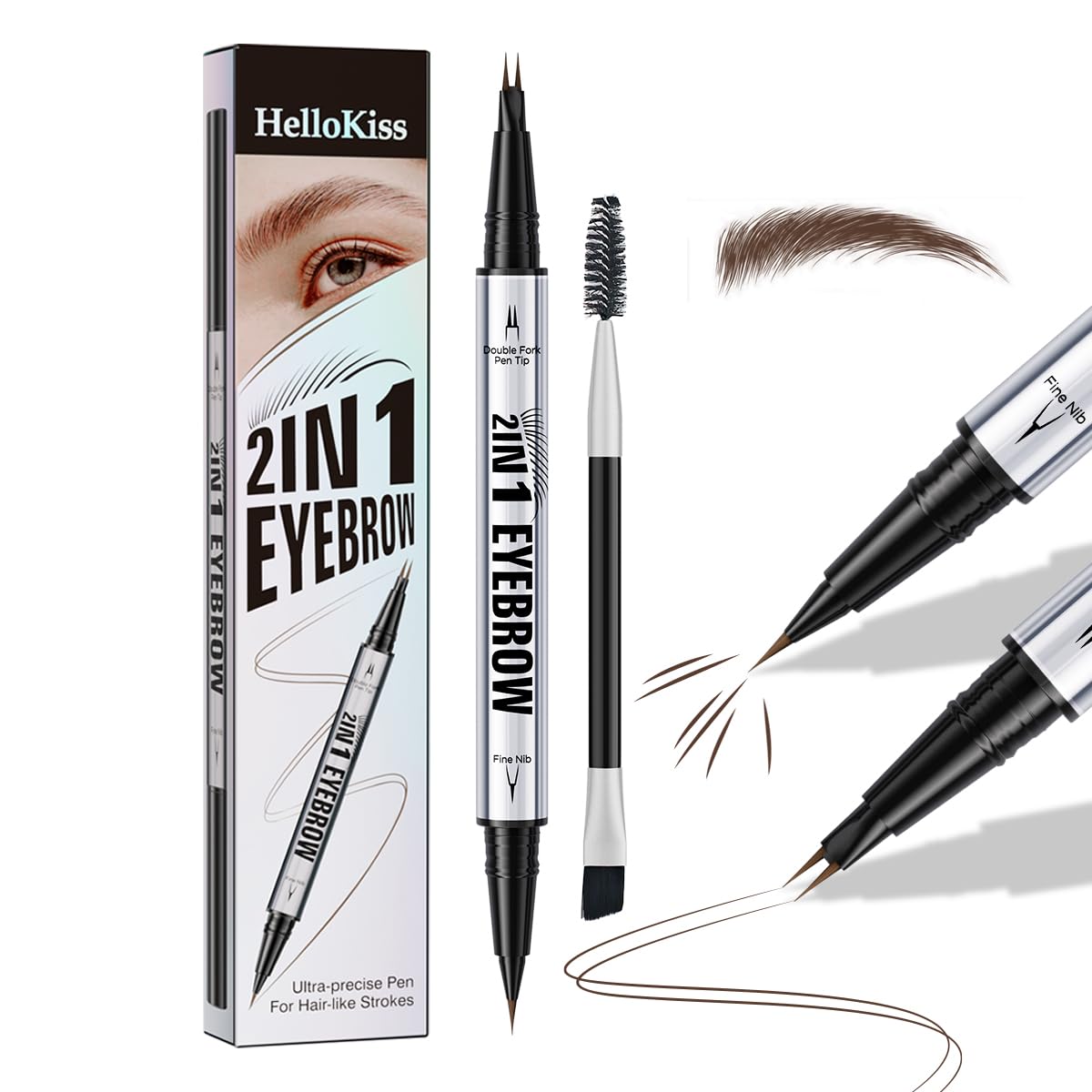 Eyebrow Pencils for Women - Microblading Eyebrow Pencil 2-In-1 Dual-Ended Eyebrow Pen with Precise 2-Fork-Tip & Brush-Tip Waterproof Eyebrow Pencil for Hair-Like Brows, Last All-Day, Dark Brown