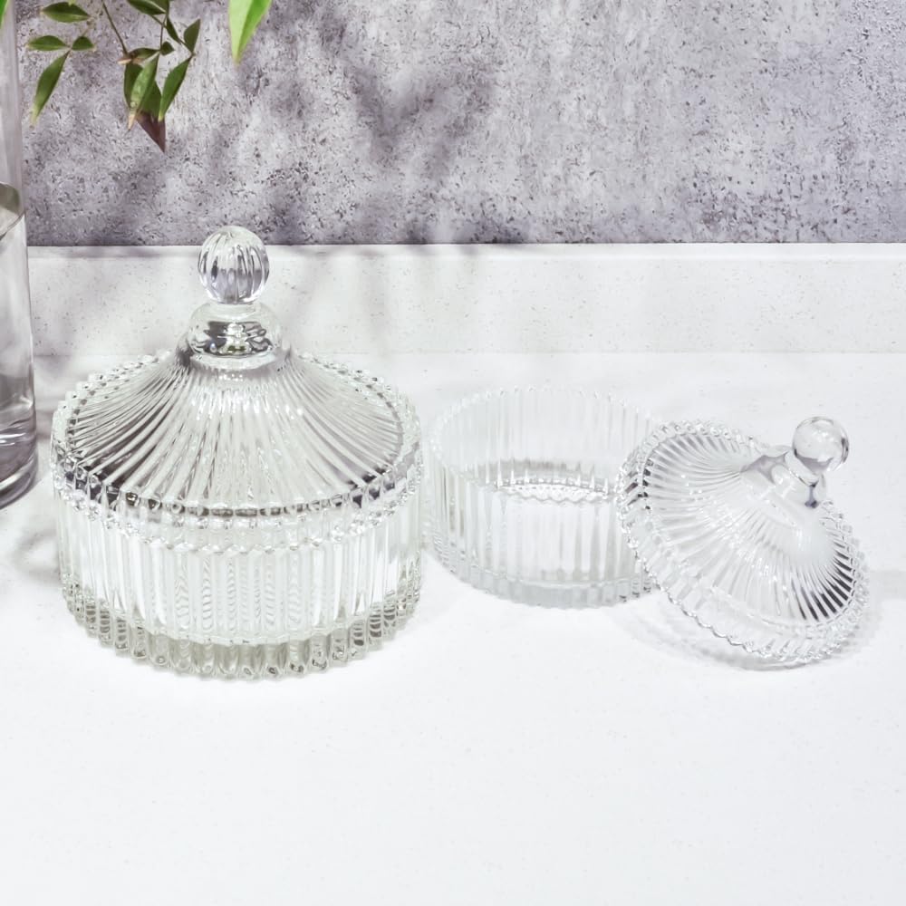 R FLORY 2 Pack Qtip Holder Apothecary Jars with Lids Glass Q Tip Holder for Bathroom Set Decorative Jars Crystal Bowl Jar Organizer for Cotton Swabs, Balls, Pads, Floss Picks (Transparent 10+24oz)