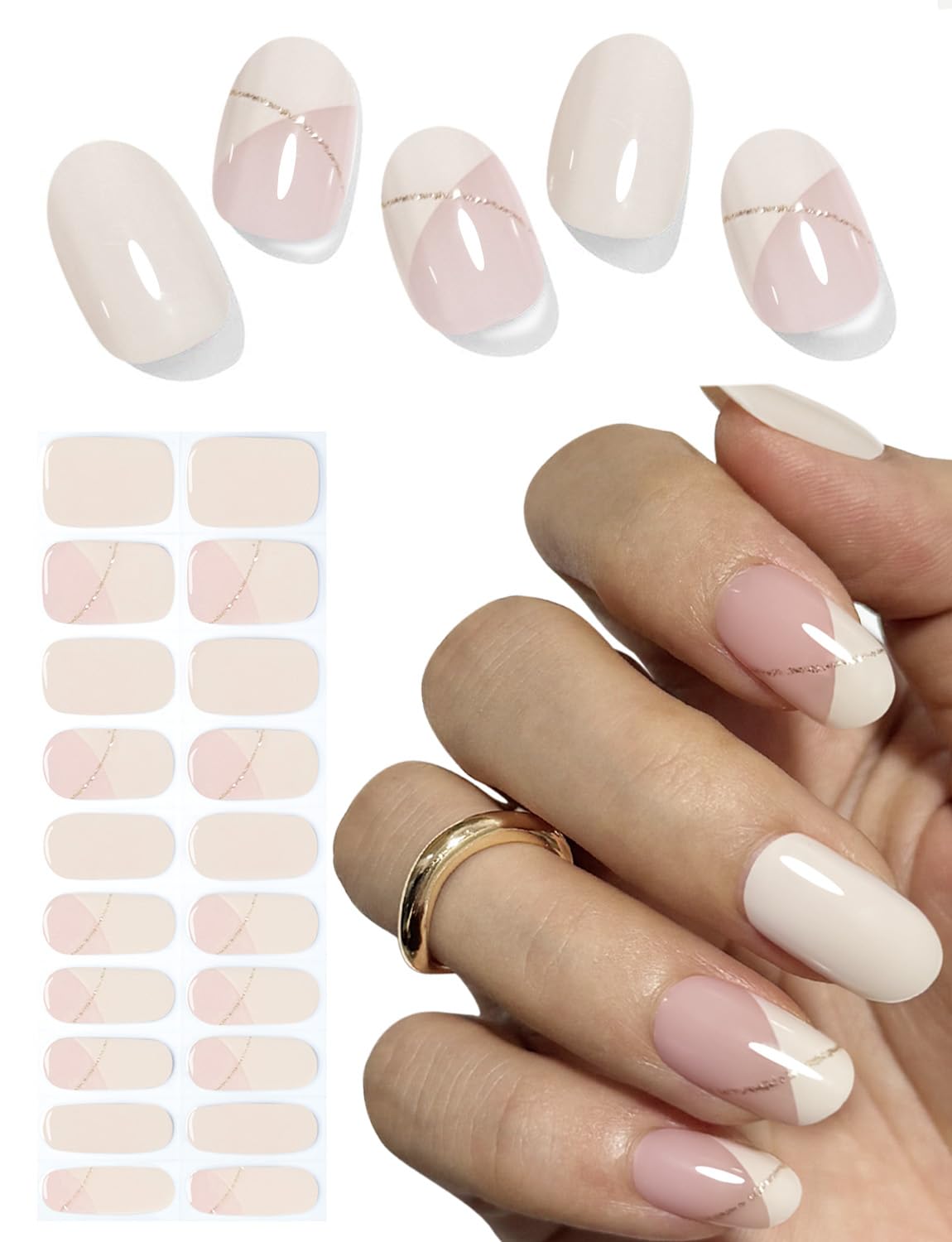 Semi Cured Gel Nail Strips, Irregular French, Beige 20pcs Gel Nails Sticker UV for Home Nails DIY